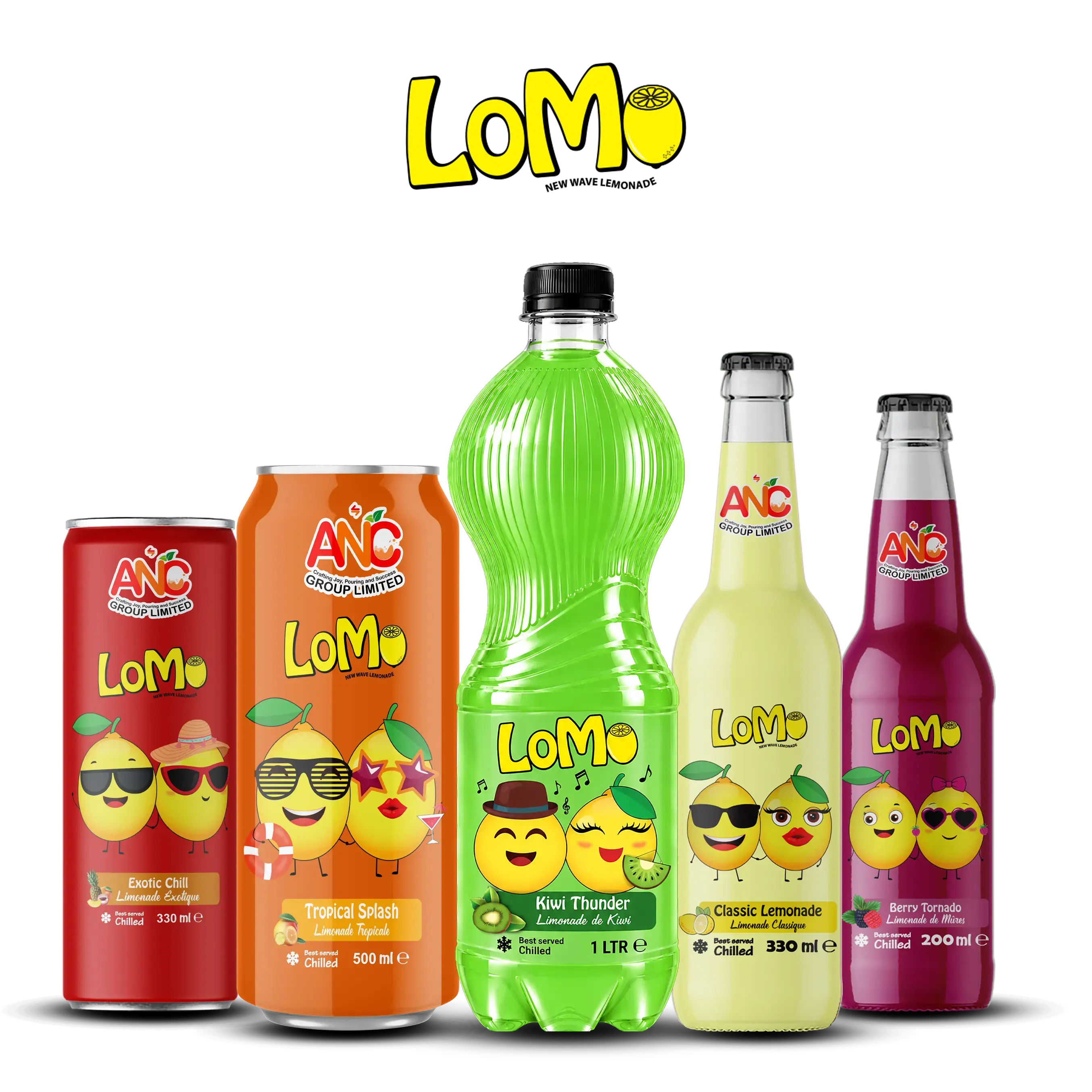 LoMo beverage range featuring Exotic Chill 330 ml, Tropical Splash 500 ml, Kiwi Thunder 1 L, Classic Lemonade 330 ml, and Berry Tornado 200 ml.
